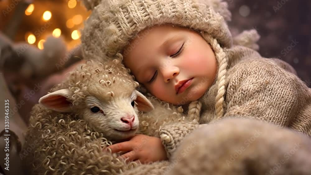 Schlafendes Baby kuschelt mit einem Lamm