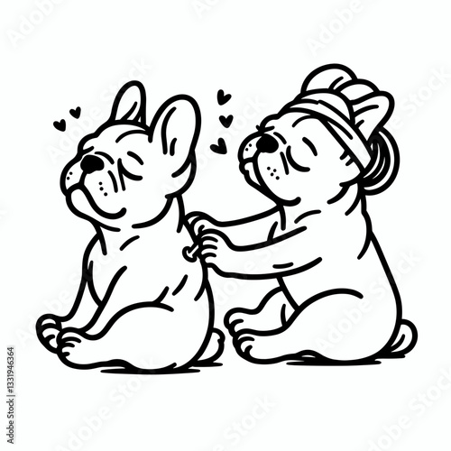 French Bulldog Couple giving each other massages a simple monochrome vector outline drawing depicts pampered pups.