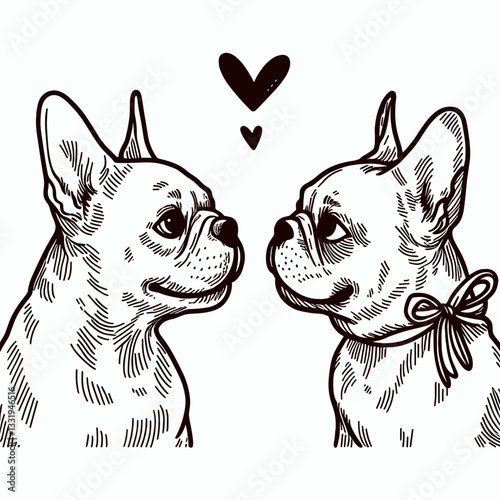 French Bulldog Couple gazing into each others eyes minimalist vector drawing of pure love and devotion