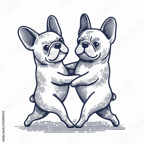 French Bulldog Couple dancing slowly a minimalist silhouette graphic depicts romantic canine waltz