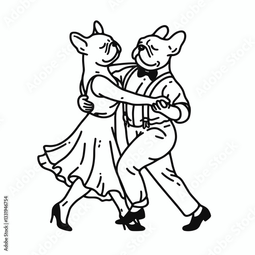 French Bulldog Couple dancing slowly a minimalist silhouette graphic of affectionate canine partners swaying to a romantic waltz