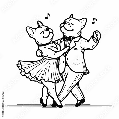 French Bulldog Couple dancing slowly a minimalist silhouette graphic depicts their romantic waltz