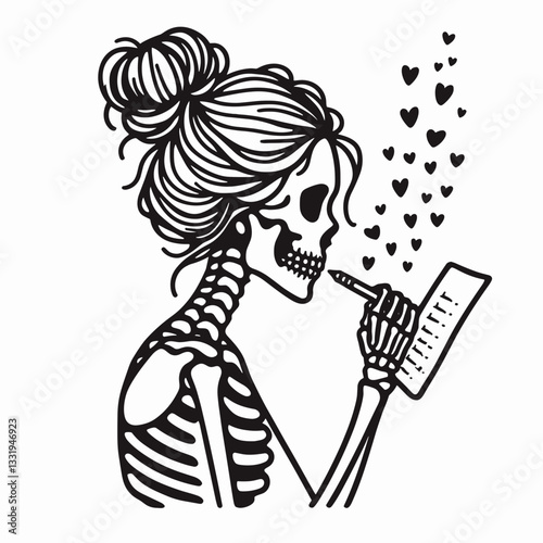 Female Skeleton messy bun writing love notes a simple monochrome vector outline drawing of affection.