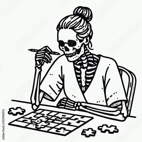 Female Skeleton messy bun working on a puzzle vector graphic simple monochrome minimalist silhouette: a bone-chillingly clever solution is needed.