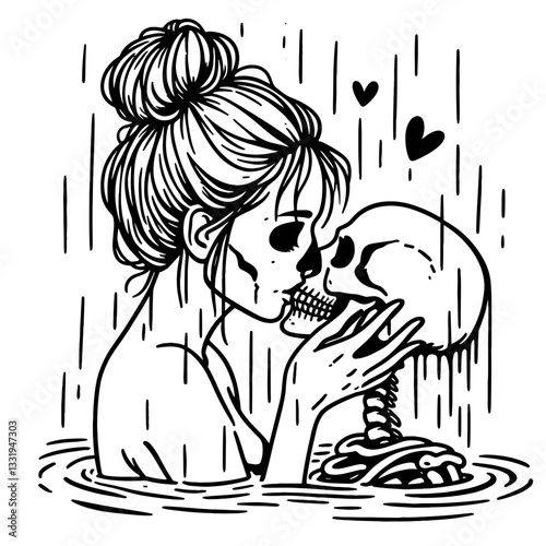 Female Skeleton messy bun sharing a kiss in the rain a minimalist monochrome vector drawing depicts a gothic romance.