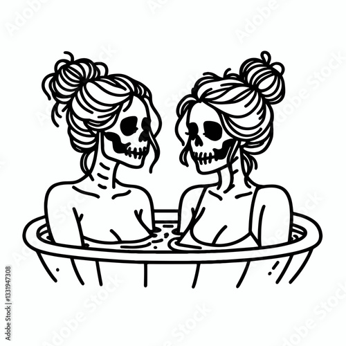 Female Skeleton messy bun sharing a hot tub: a minimalist vector outline drawing of a relaxing undead.