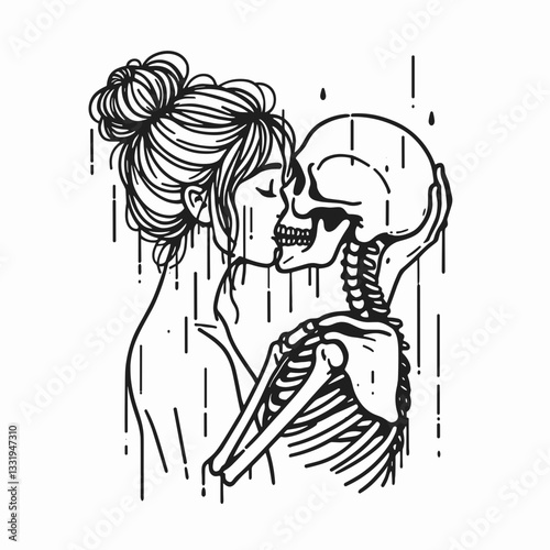 Female Skeleton messy bun sharing a kiss in the rain a minimalist monochrome vector drawing depicts a gothic romance.
