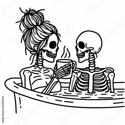Female Skeleton messy bun sharing a hot tub a minimalist vector outline drawing of relaxing skeletal friends