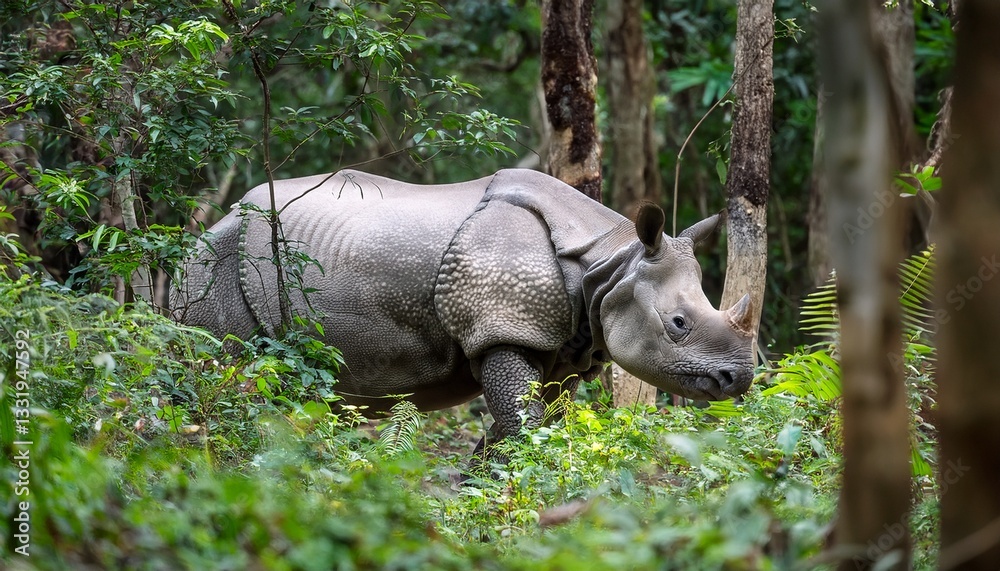 Obraz premium A rare Javan rhinoceros moves through the thick, dense forest of Southeast Asia’s tropical taiga, its massive body blending with the lush foliage as it navigates the wilderness