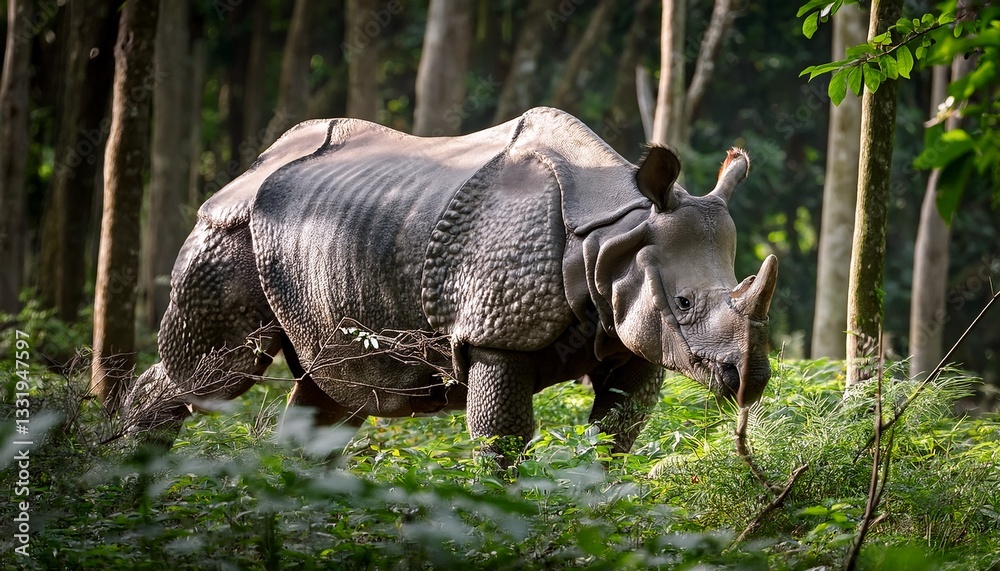Fototapeta premium A rare Javan rhinoceros moves through the thick, dense forest of Southeast Asia’s tropical taiga, its massive body blending with the lush foliage as it navigates the wilderness