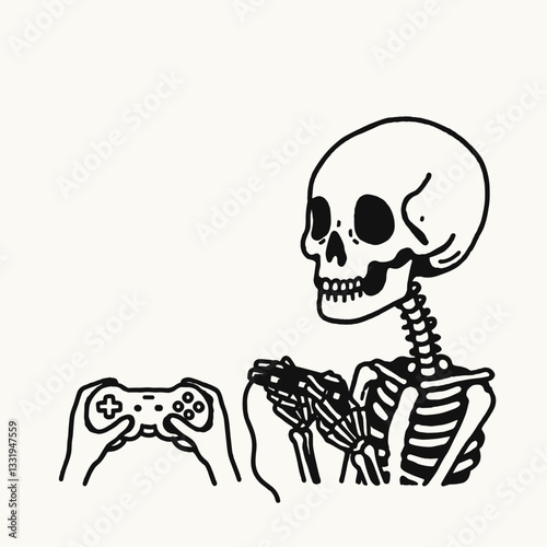 Female Skeleton messy bun playing video games together a minimalist vector drawing shows their gamer friendship