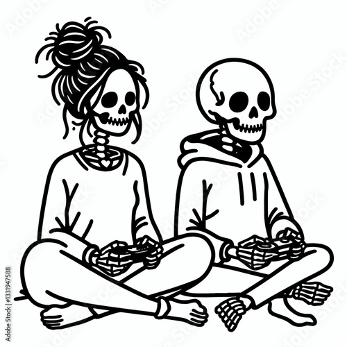Female Skeleton messy bun playing video games together a simple monochrome vector outline drawing depicts their late-night gaming session