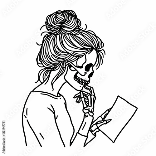 Female Skeleton messy bun planning a future together minimalist vector illustration showing their skeletal bond