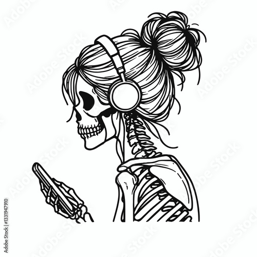 Female Skeleton messy bun making a love playlist vector graphic—a whimsical monochrome doodle of a gothic romantic.