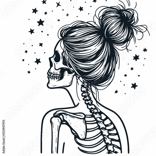 Female Skeleton messy bun looking at stars vector graphic a cosmic night minimalist silhouette doodle.