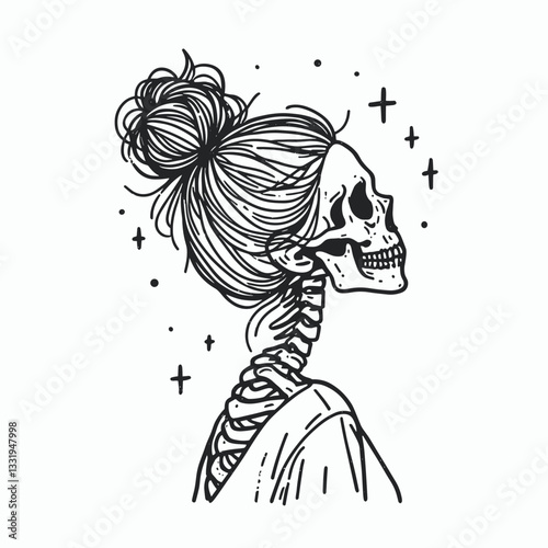 Female Skeleton messy bun looking at stars a minimalist vector drawing of cosmic wonder and bone beauty