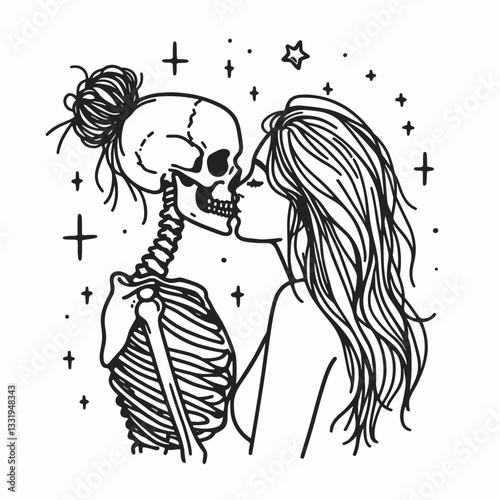 Female Skeleton messy bun kissing under the stars a minimalist vector outline drawing of celestial love.