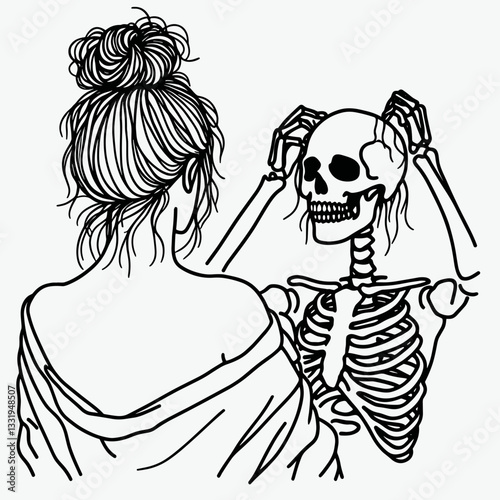 Female Skeleton messy bun getting dressed up for a gothic ball a minimalist vector drawing
