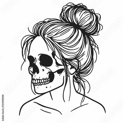 Female Skeleton messy bun gazing into each others eyes a minimalist vector drawing depicts profound bone-deep connection.