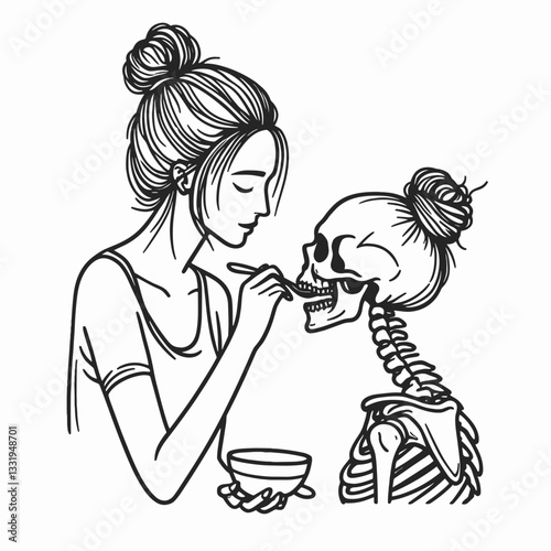 Female Skeleton messy bun feeding each other a minimalist vector drawing of bony comrades sharing a spooky snack.