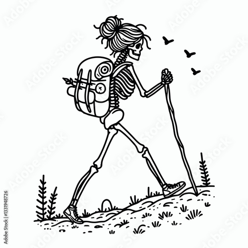 Female Skeleton messy bun exploring nature trails a minimalist vector outline drawing of a bony adventurer hiking.