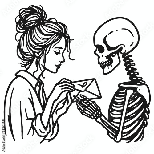 Female Skeleton messy bun exchanging handwritten letters: a minimalist monochrome vector drawing of epistolary secrets.