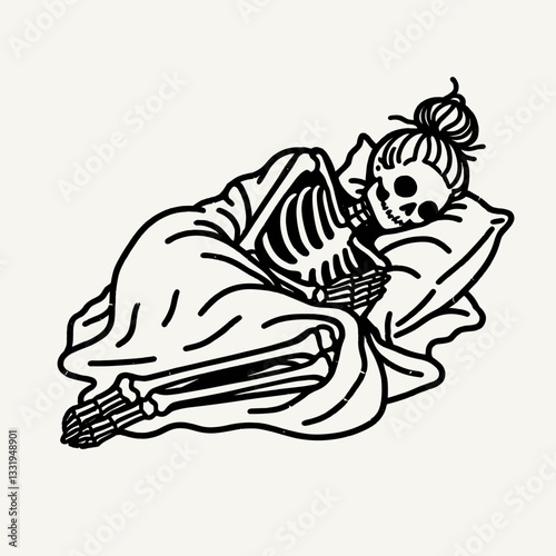 Female Skeleton messy bun cuddling under a blanket a minimalist vector outline drawing depicts cozy bone-chilling comfort.