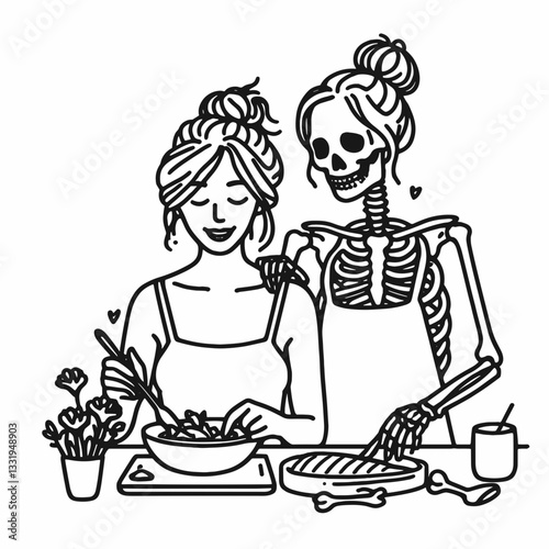 Female Skeleton messy bun cooking dinner together a simple monochrome vector outline drawing of a spooky kitchen scene.