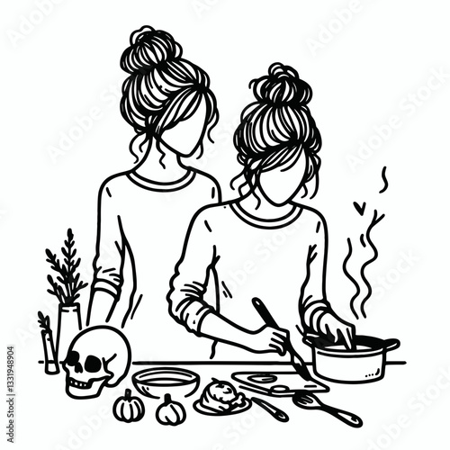 Female Skeleton messy bun cooking dinner together a simple monochrome vector outline drawing of spooky culinary fun