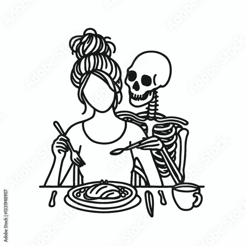 Female Skeleton messy bun cooking dinner together a simple monochrome vector outline drawing of spooky culinary companionship