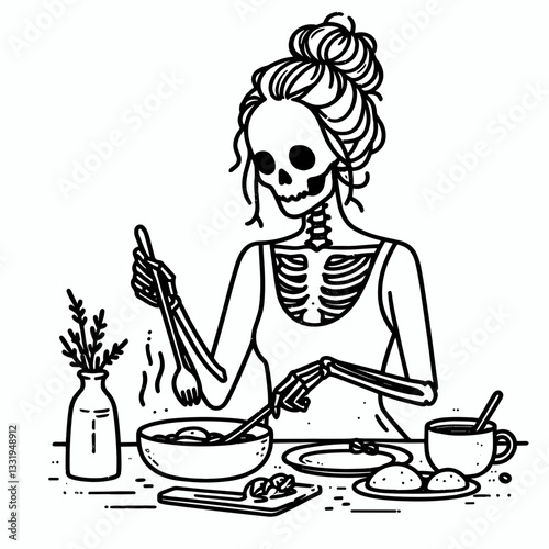 Female Skeleton messy bun cooking dinner together minimalist vector drawing of a spooky, yet heartwarming kitchen scene.