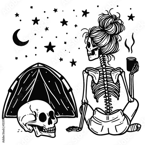 Female Skeleton messy bun camping under the stars minimalist vector drawing a spooky night adventure