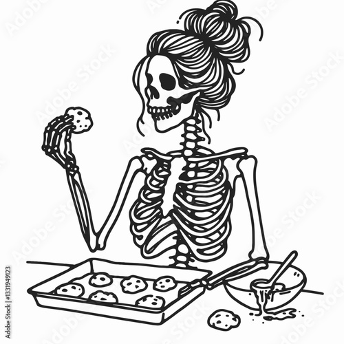 Female Skeleton messy bun baking cookies a simple monochrome vector drawing of a spooky baker