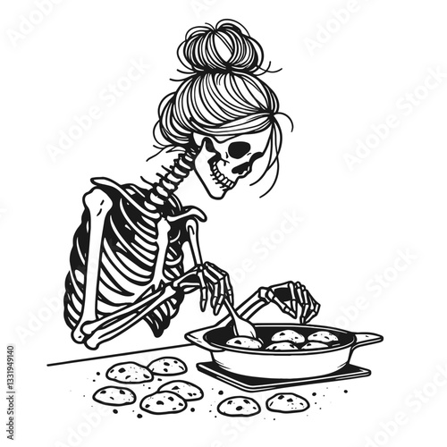 Female Skeleton messy bun baking cookies a minimalist vector graphic of a spooky baker