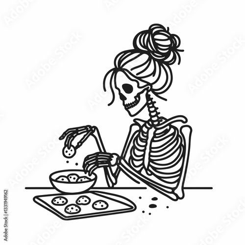 Female Skeleton messy bun baking cookies a simple monochrome vector drawing of a spooky baker
