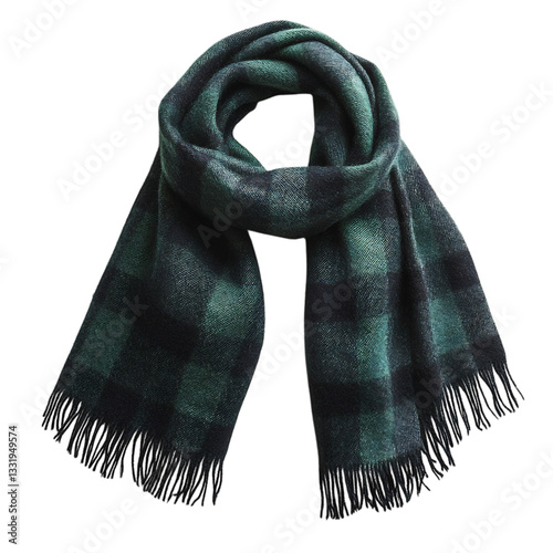 A Green and Black Plaid Wool Scarf Isolated on Transparent Background