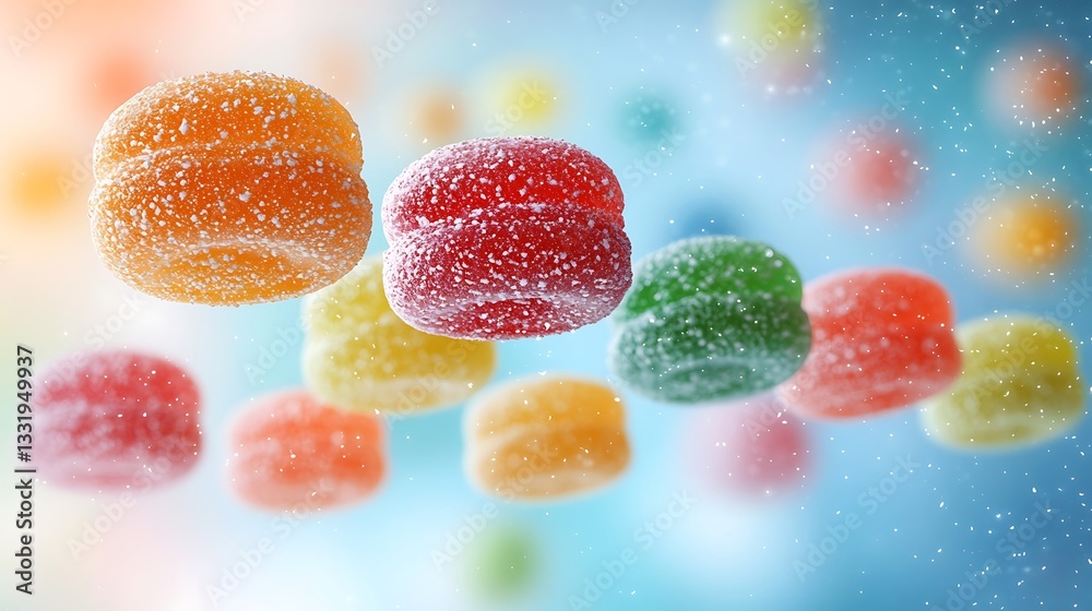 Floating sugared jellies, vibrant background Floating sugared jellies, vibrant background