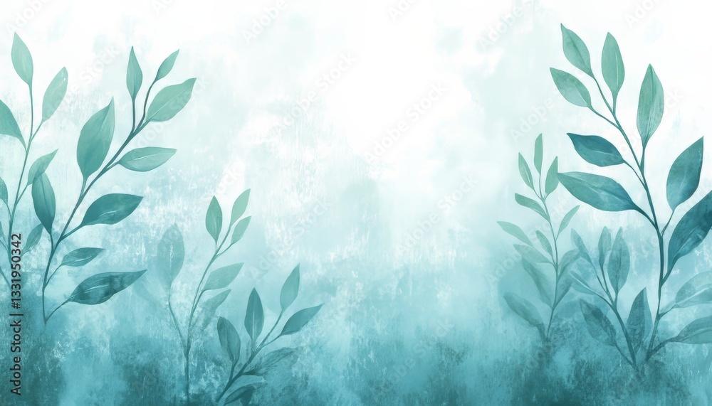 Soft Teal Watercolor Background, Elegant Grass Silhouettes, Delicate Leaves, Airy, Dreamy Style. Soft Teal Watercolor Background, Elegant Grass Silhouettes, Delicate Leaves, Airy, Dreamy Style.