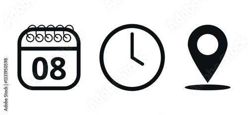 Event location icons, date time and place, day 08.