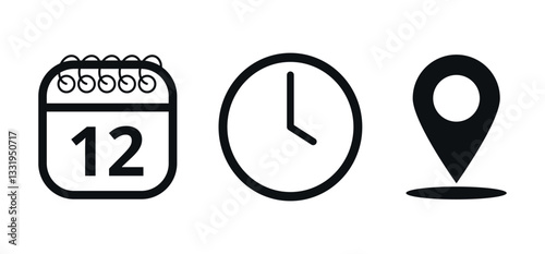 Event location icons, date time and place, day 12.