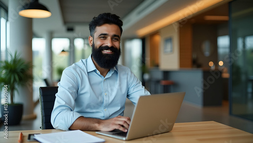 Wallpaper Mural Smiling Bearded Indian Businessman in Modern Office Lobby with Young Student Engaged in Remote Learning: A Dynamic Photo Stock Concept for Online Training and Webinars Torontodigital.ca