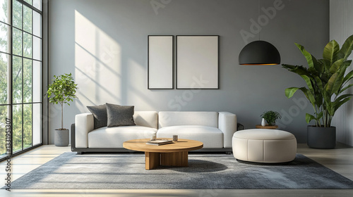 Modern minimalist living room interior design with white sofa and stylish decor home grey cozy calm