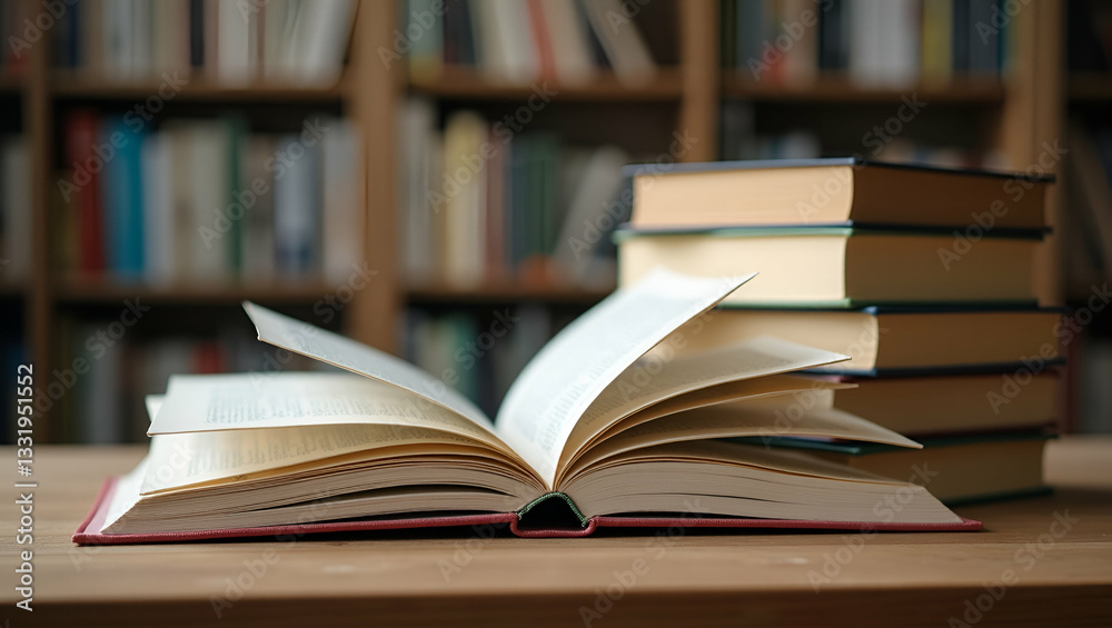 Open Book and Stack of Hardback Books on Wooden Table: A Visual Representation of Education with Ample Copy Space for Text and Ideas Open Book and Stack of Hardback Books on Wooden Table: A Visual Representation of Education with Ample Copy Space for Text and Ideas