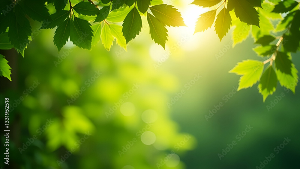 Fototapeta premium Soft sunlight filtering through vibrant green leaves creating peaceful natural ambiance. concept as Soft sunlight filtering through vibrant green leaves creating peaceful natural ambiance. in Photo S