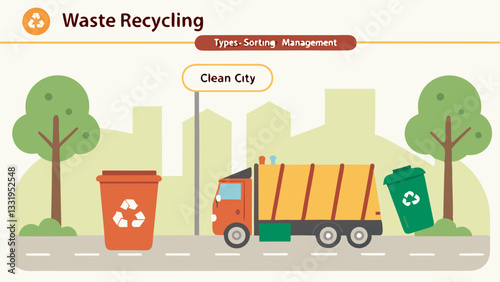 Clean city vector illustration in flat design with a garbage truck waste disposal and various sorting management concepts for municipal waste recycling