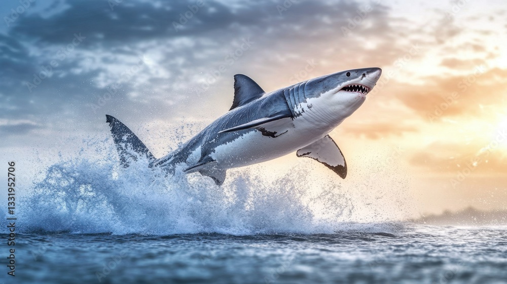 Fototapeta premium A great white shark breaching the oceans surface with a dramatic splash