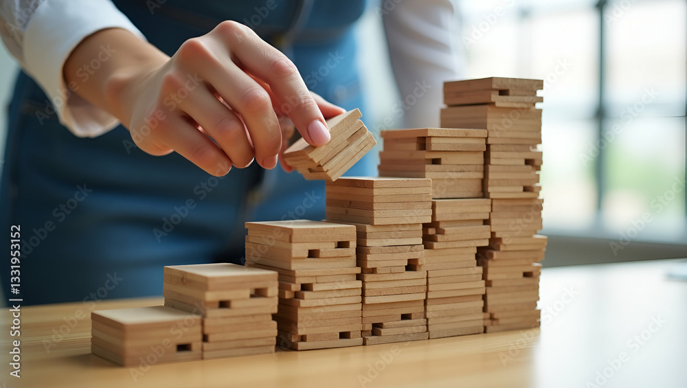 Symbolizing Business Growth: Woman Arranging Wood Blocks for Success