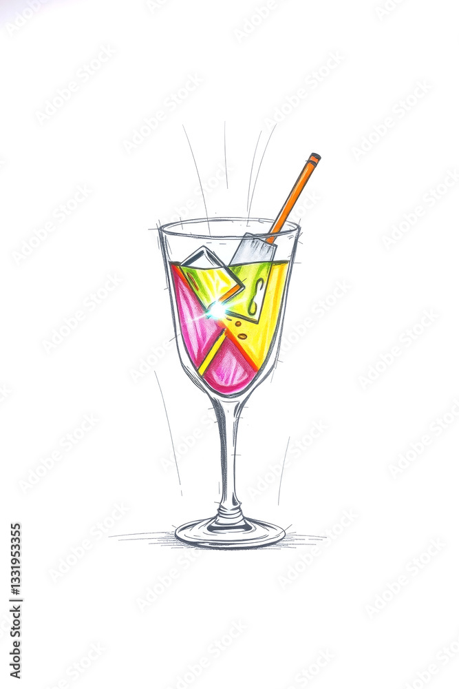 Artistic Sketch of a Colorful Cocktail Glass with Ice Cubes and a Straw, Vibrant Hand-Drawn Beverage Illustration Artistic Sketch of a Colorful Cocktail Glass with Ice Cubes and a Straw, Vibrant Hand-Drawn Beverage Illustration