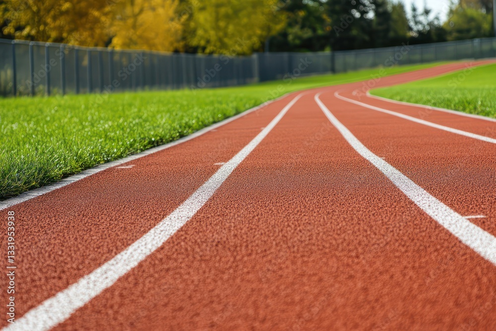A pristine running track, its smooth surface ready for the next runner to hit the ground in full stride. A pristine running track, its smooth surface ready for the next runner to hit the ground in full stride.