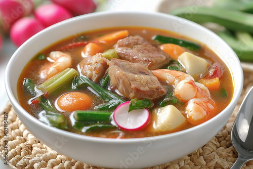 Traditional Filipino Sinigang Soup with Shrimp, Pork, and Fresh Vegetables